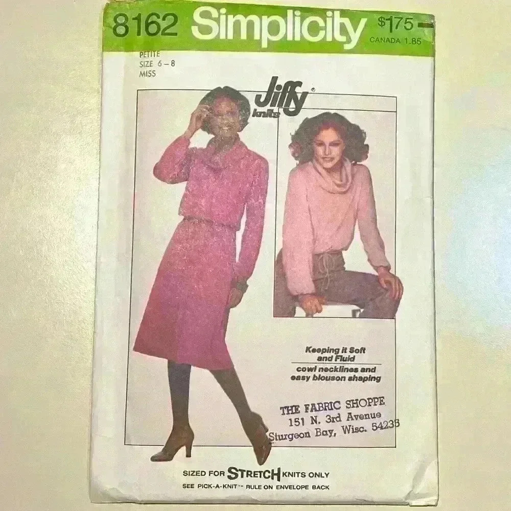 Vintage Simplicity #8162 Stretch Knit Dress & Top Cowl Neck Petite 6-8 Pattern